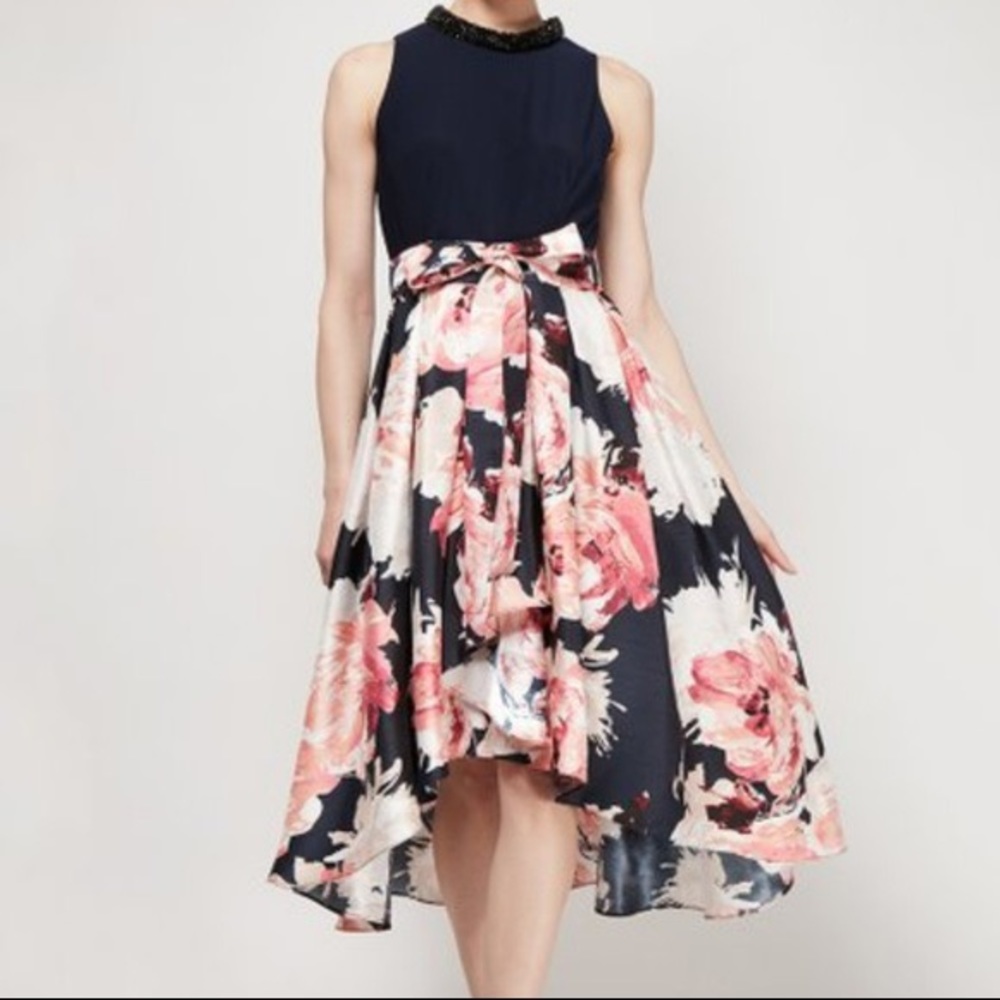 SLNY dress navy and floral print with beaded neck